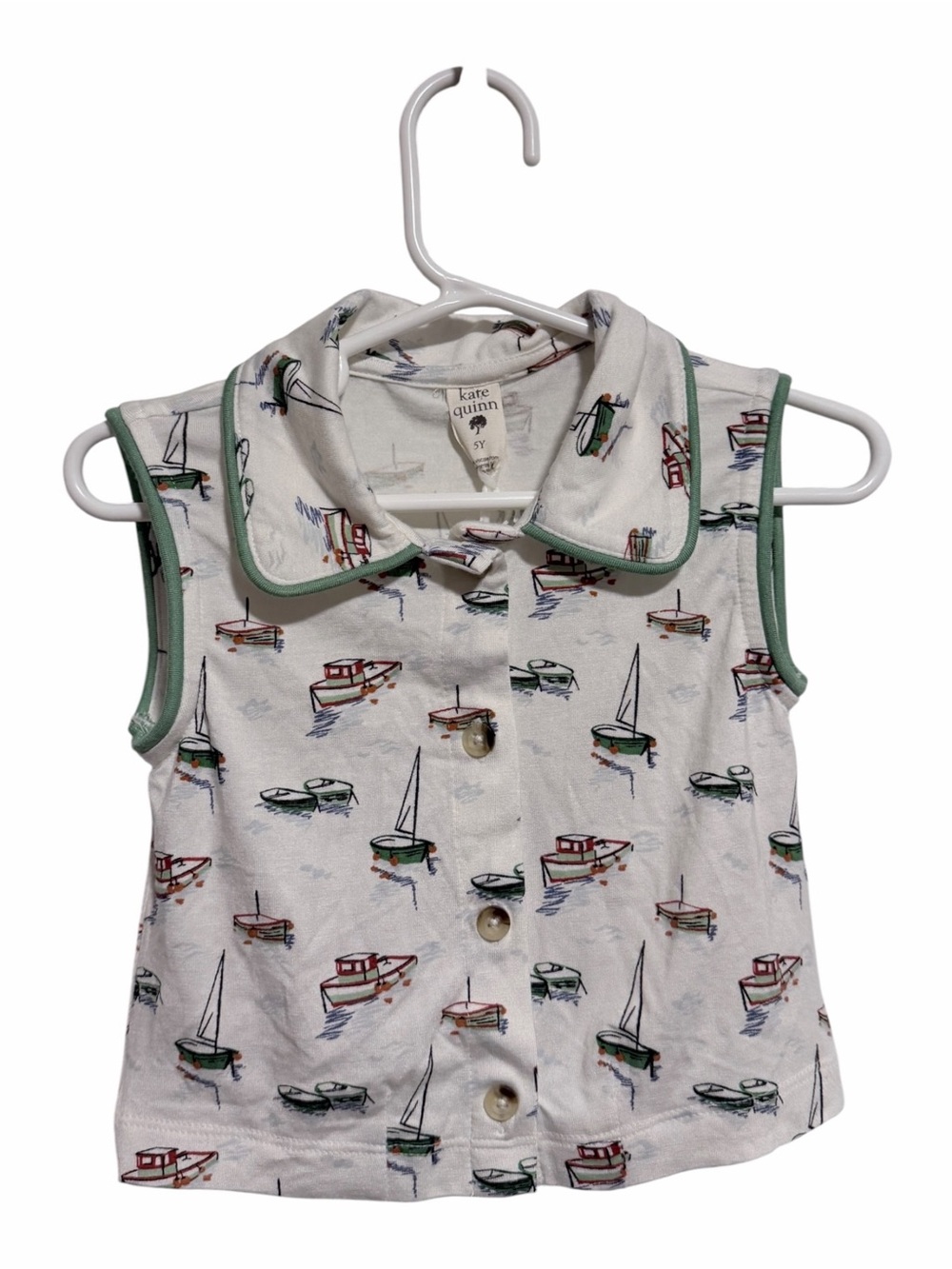 NEW Kate Quinn White Boat-Print Sleeveless Button Tank 5Y